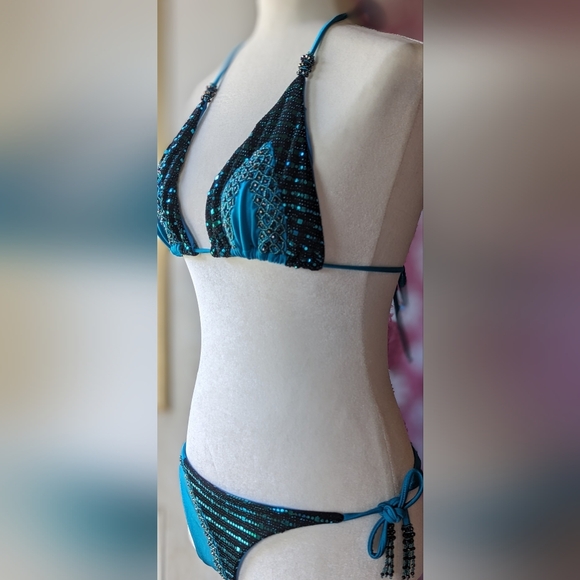 Beautiful Handmade Beaded Columbian thong Bikini. Sz. M. New. Aqua&Emerald. - Picture 3 of 14